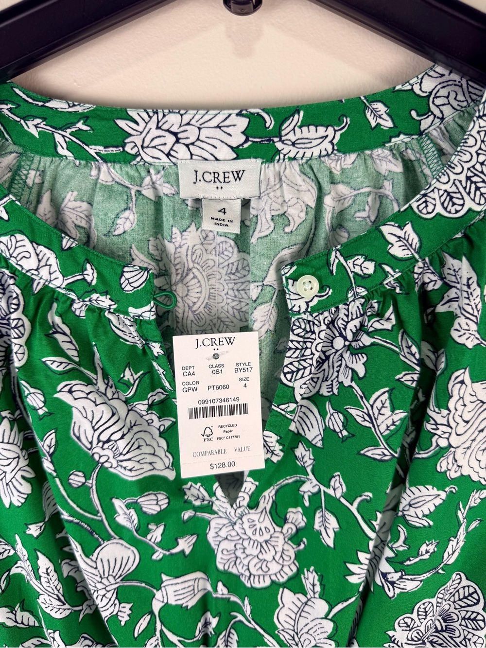 J. Crew Green and White Floral Tie-Neck dress size 4 - Picture 2 of 3
